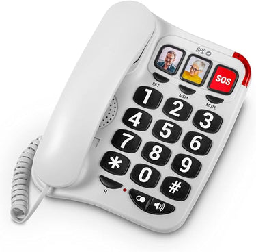 SPC Comfort Numbers 2 - Teléfono Fijo para Mayores con Teclas Grandes, 3 memorias directas con Foto, Volumen Muy Alto, Compatible audífonos, señal Luminosa, sobremesa o Pared - Blanco